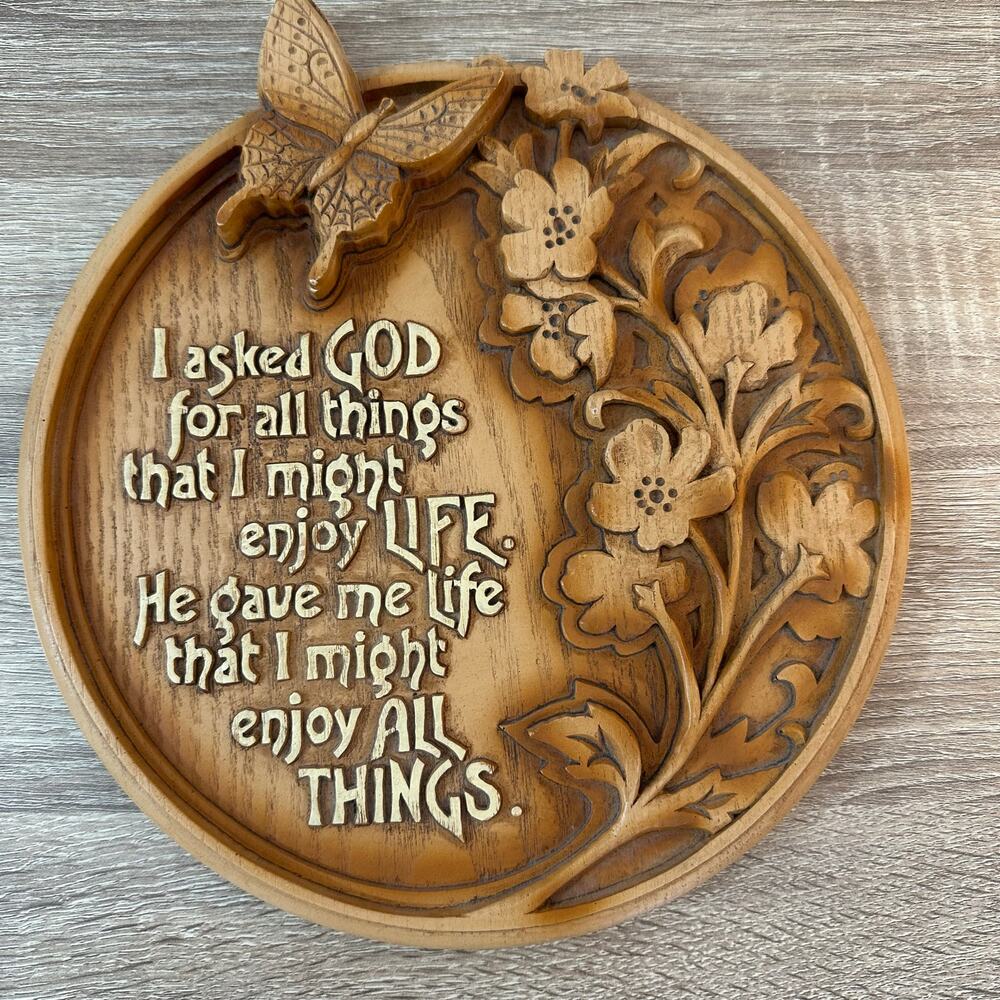 Religious Wooden Circle Plaque Carved Butterfly‎ Flowers Life Blessings Quote